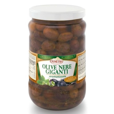 Alyvuogės GIANT juodos su žolelėmis aliejuje, DEMETRA, 1,6 kg / 1,05 kg